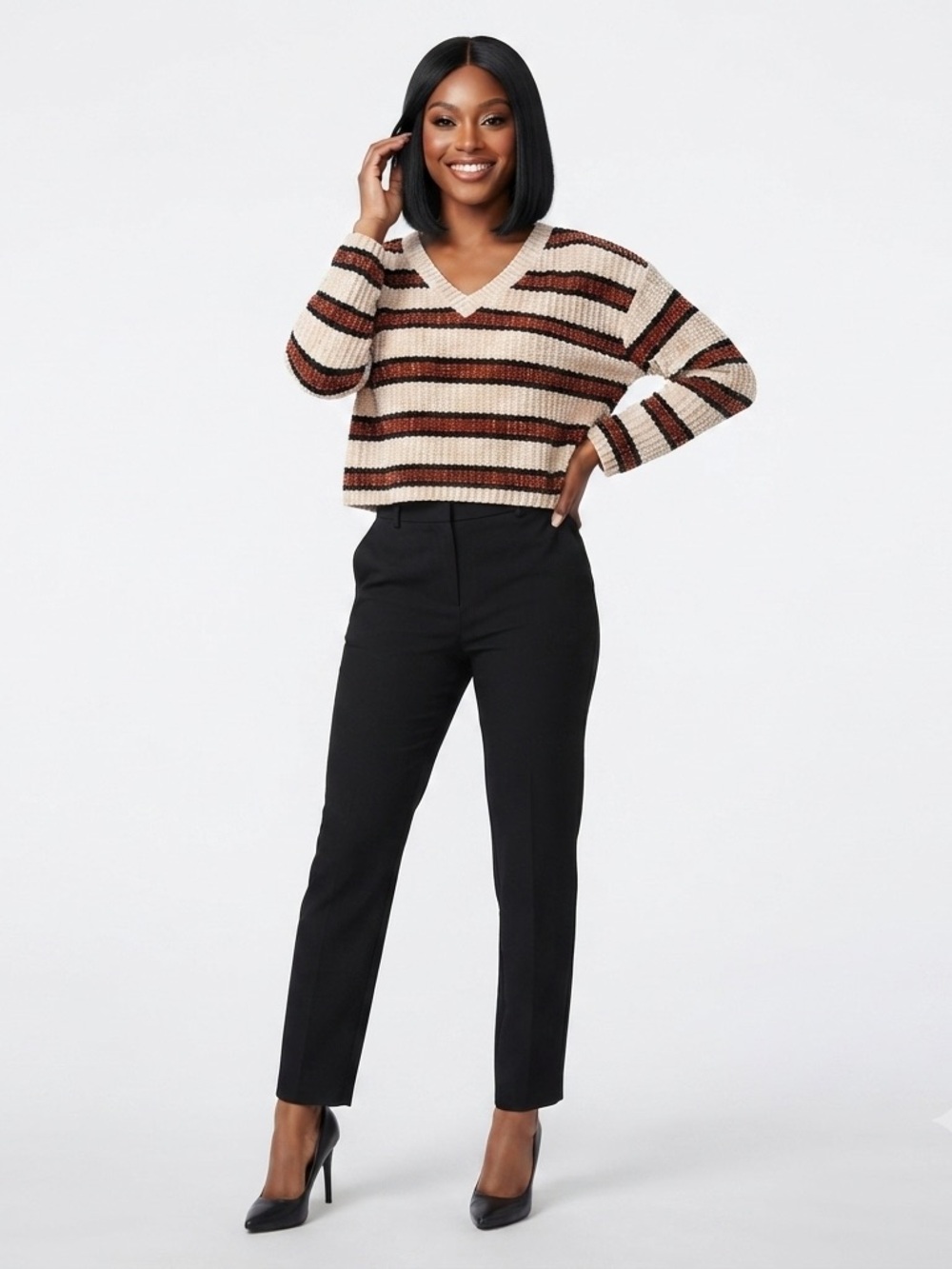 Wild Fable Cream And Brown Striped Crop V-Neck Sweater